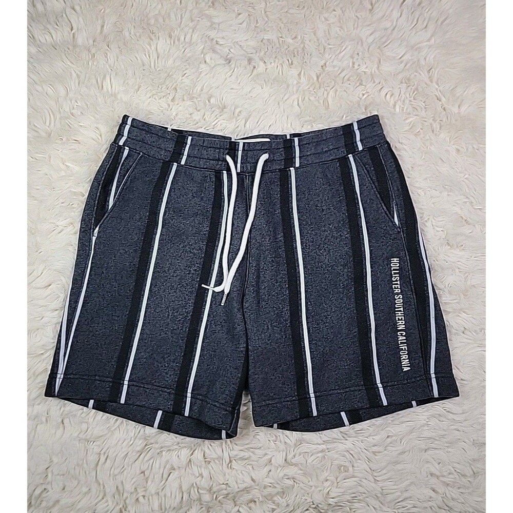 Hollister Men's Size M Fleece Jogger Sweat Shorts Gray Striped Pockets Pull On E